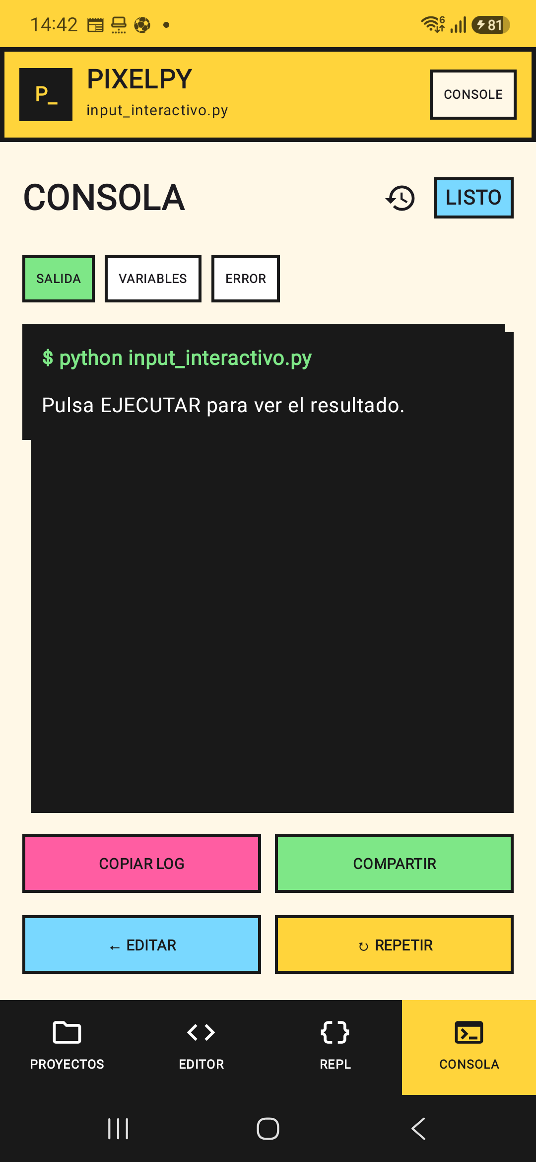 Consola de ejecución y depuración de PixelPy