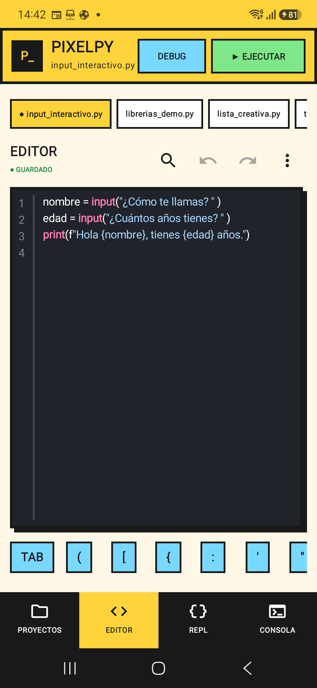 Editor de código Python de PixelPy en un teléfono Android